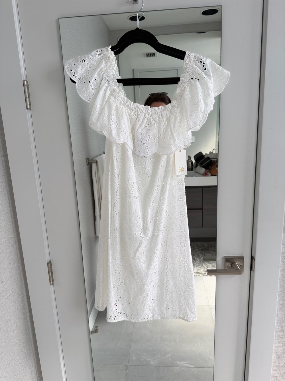 Tory Burch White Eyelet Ruffle Off-Shoulder Dress